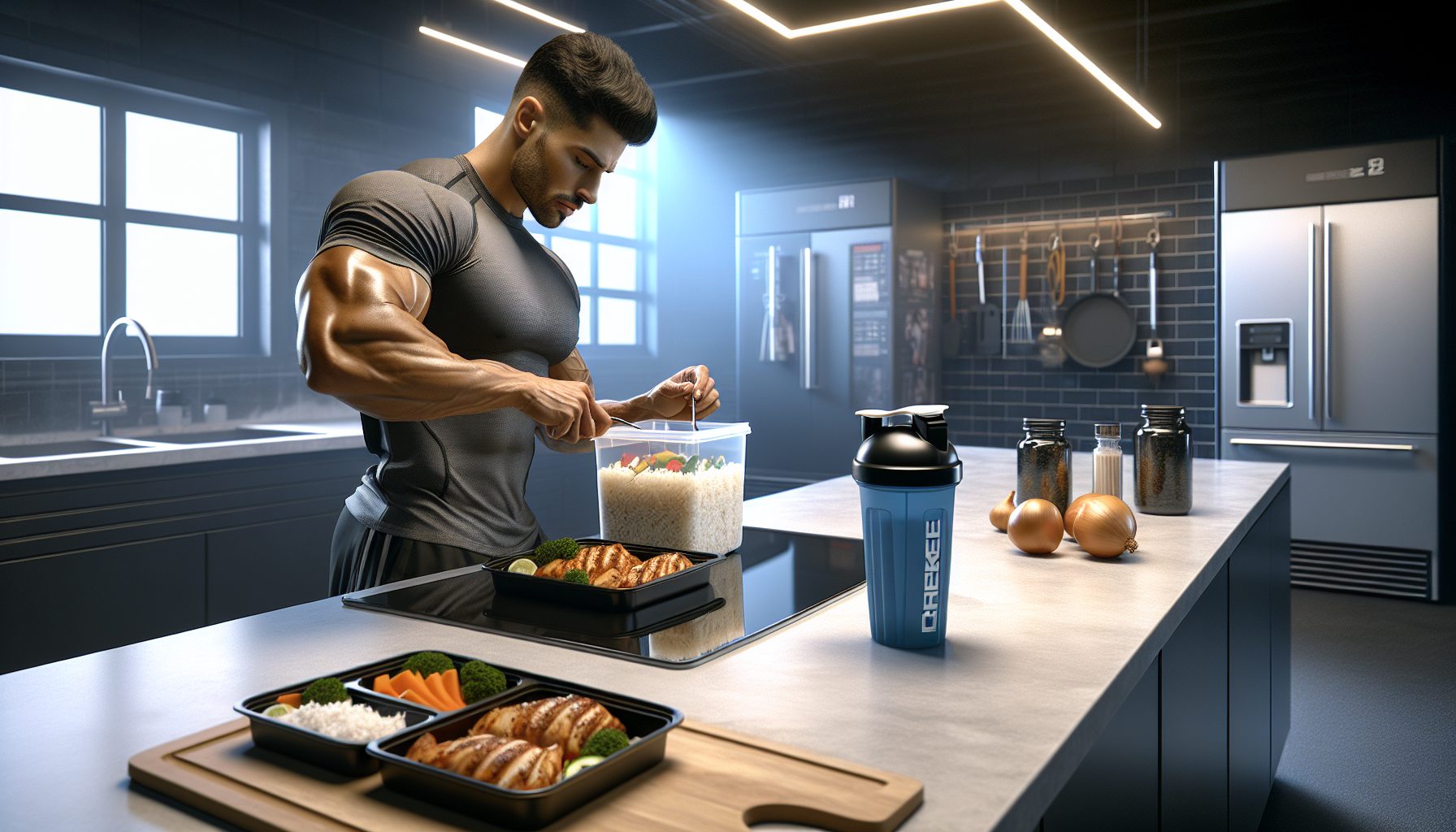 Sporter bereidt meal prep met rijst, kip en groenten tijdens een kuur